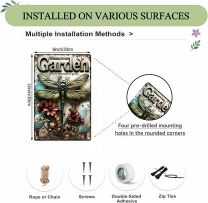 Funny Garden Metal Signs, Vintage Outdoor Wall Decor 8x12 Inch | Welcome to Our Garden Where Memories Grow, Weatherproof Aluminum Sign for Patio Yard Greenhouse, Gift For Gardeners