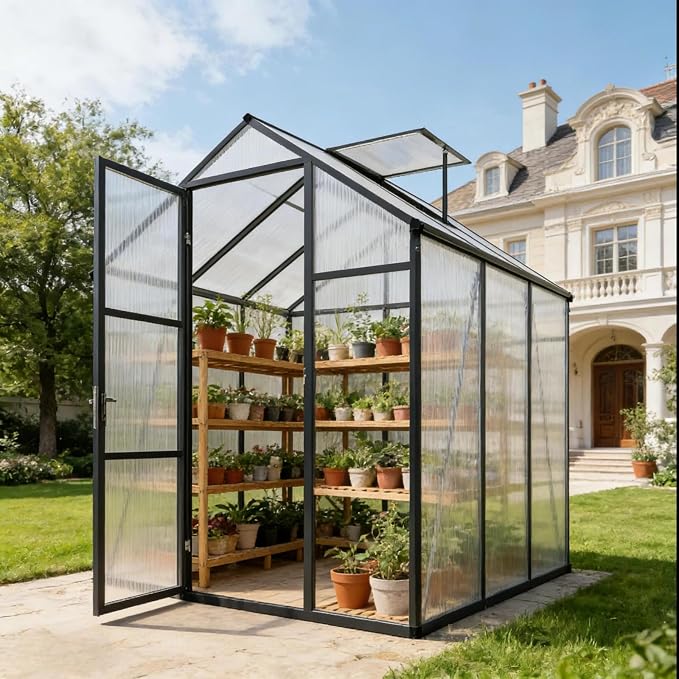 6x10 FT Greenhouse, Walk-in Heavy Duty Polycarbonate Outdoor Greenhouses with Raised Base & Anchor, Height-Enhanced Aluminum Frame, & Drainage System for Backyard All Season Growing, Black