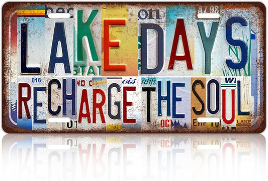 Vintage Wall Decor Lake Days Recharge The Soul License Plate | Lakehouse Metal Sign Tin Signs