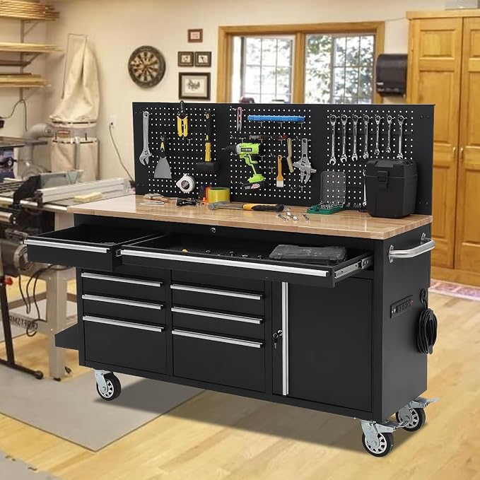 PeakPursuit 61" Rolling Tool Chest with 10 Drawers, Workbench Cabinet with Power Strip, Solid Rubber Wood Top, Pegboard, 1675 LBS Load, Mobile Heavy Duty Garage Storage, Locking Wheels, Black