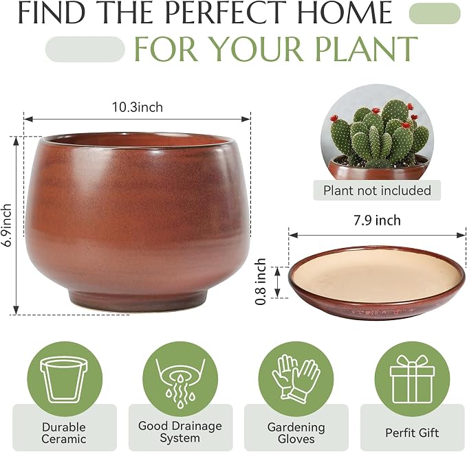 10.3 Inch Flower pots for Indoor Outdoor Plants with Saucer Drainage Leak-Proof Mesh, Ceramic Planter with Gardening Gloves for Succulent and Flower (Iron-red)