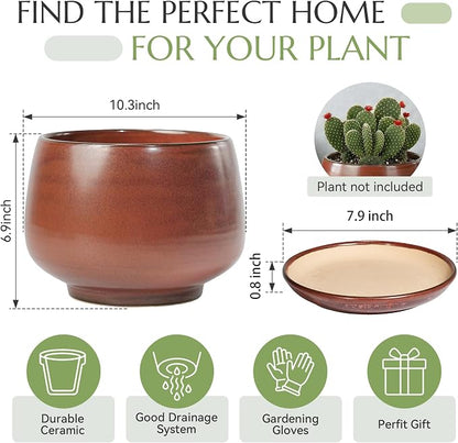 10.3 Inch Flower pots for Indoor Outdoor Plants with Saucer Drainage Leak-Proof Mesh, Ceramic Planter with Gardening Gloves for Succulent and Flower (Iron-red)
