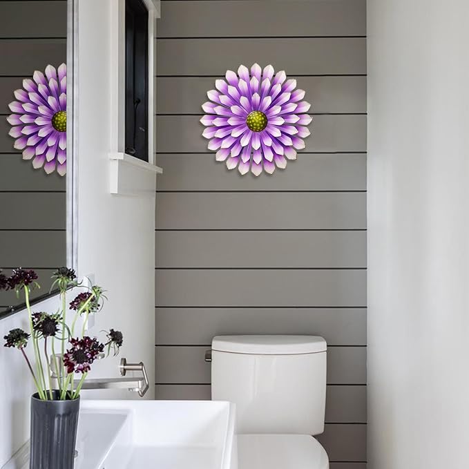 Metal Flowers Wall Decor Indoor Outdoor Metal Wall Art for Farmhouse Home Living Room Bedroom Bathroom Garden Decor - Purple