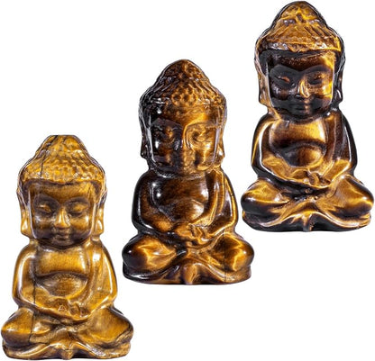 Pocket Stone Baby Buddha Crystal Statue for Home Decoration, Natural Crystal Zen Garden Spiritual Feng Shui Figurine for Religious Decor, Tiger's Eye Stone