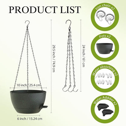 10 Inch Hanging Baskets 2 PC with Chains, Self-Watering Hanging Planters for Indoor Outdoor Plants, Plastic Hanging Flower Pots,Black with Green Speckles