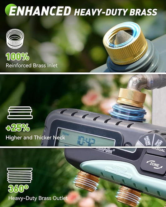 RAINPOINT 3 Zone Water Timer with Brass Inlet & Outlet, 3 Custom Watering Plans Sprinkler Timer, Featuring IP65 Waterproof,Rain Delay, Manual & Automatic Watering with Large LCD for Yard, 2026 Ver.