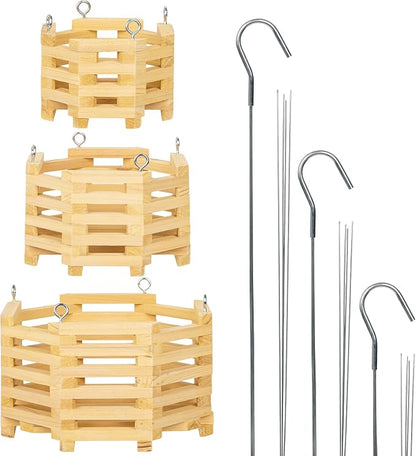 Wooden Orchid Baskets with Hangers for Ferns & Vandas, 6", 8" & 10" Octagon Wood Hanging Planter Set for Patio, Balcony Decor, Garden Flower Pots for Indoor Outdoor Plants, 3 Pack