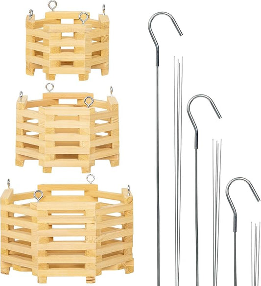 Wooden Orchid Baskets with Hangers for Ferns & Vandas, 6", 8" & 10" Octagon Wood Hanging Planter Set for Patio, Balcony Decor, Garden Flower Pots for Indoor Outdoor Plants, 3 Pack