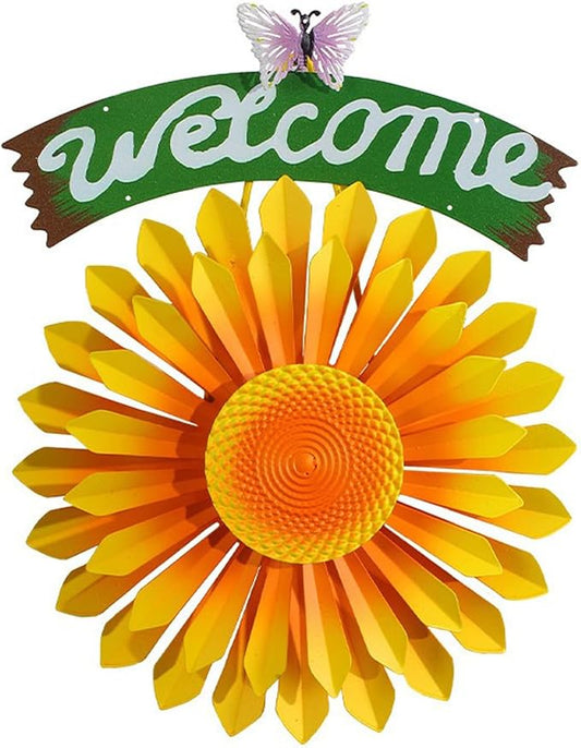 1 Pcs Metal Hanging Wind Spinners with Welcome Sign, 11.8 inch, Orange | Metal Sunflower Welcome Sign with Butterfly, Outdoor metal wall art decor, outside wall art Gardon decoration