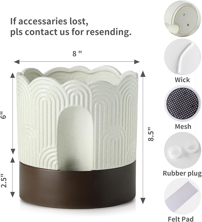 Nihow Ceramic Self Watering Pots for Indoor Plants, 8 Inch,Beige Brown | Visible Water Level Fill Port,Planter with Cotton Wick,Water Storage Plus, Cylinder Round Flower Pot, Succulent/Herbs/Violets