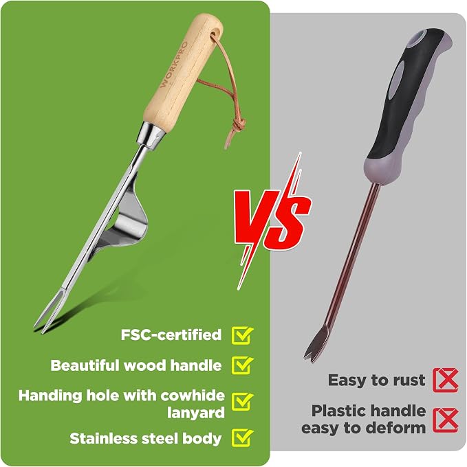 WORKPRO Weed Puller Tool, Metal Leverage Base and V-Shaped Forks for Easy Weed Removal & Deeper Root Digging, Heavy Duty Stainless Steel with Soft Handle, Manual Hand Weeder for Gardening