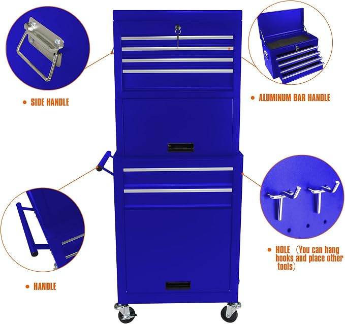 6-Drawer Tool Chest, Detachable Top Box for Garage, Blue | Rolling Mobile Storage Cabinet Organizer with Lockable Wheels for Workshop Utility, Heavy Duty Metal Construction