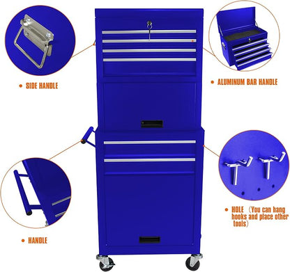 6-Drawer Tool Chest, Detachable Top Box for Garage, Blue | Rolling Mobile Storage Cabinet Organizer with Lockable Wheels for Workshop Utility, Heavy Duty Metal Construction