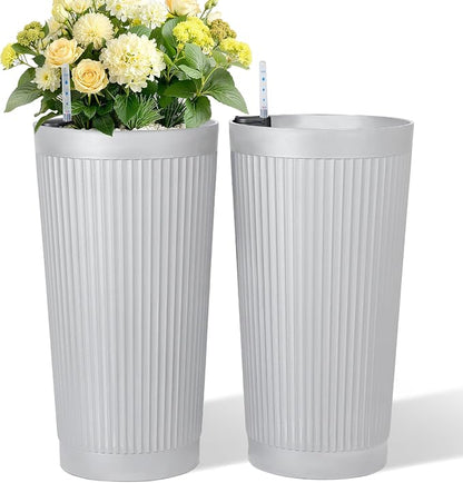 TUYOHW Set of 2 Large Round Tall Planter for Indoor or Outdoor 24" Flower Pots for Porch, Patio, Backyard, Large Planters for Outdoor Indoor Plants