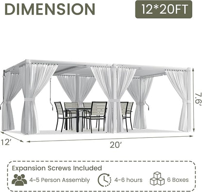 Louvered Pergola 12'x20' Outdoor Pergola with Roof, Heavy Duty Aluminum Frame & Waterproof Curtains, Hardtop Gazebo with Adjustable Louvers for Patio, Deck and Backyard, White