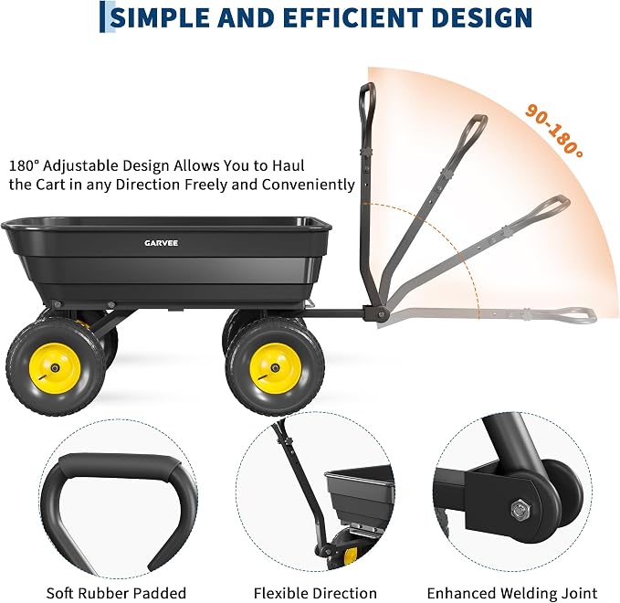 GarveeLife Poly Garden Dump Cart, 1200 lb Wheelbarrow Yard Cart with 13 in Wheels, Quick-Dump & Towable Utility Wagon for Yard, Soil, Rocks（Black）