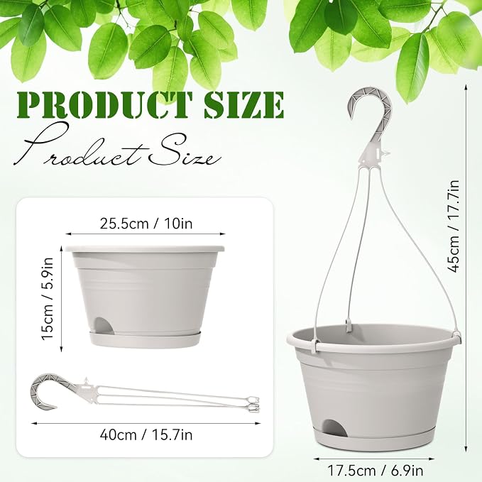Roshtia 10 Pcs 10 Inch Hanging Baskets for Plants Large Plastic Hanging Basket Pots with Drainage Trays Self Watering Planter Pots for Outdoor Indoor Plants Flowers Garden Balcony (Grey White)