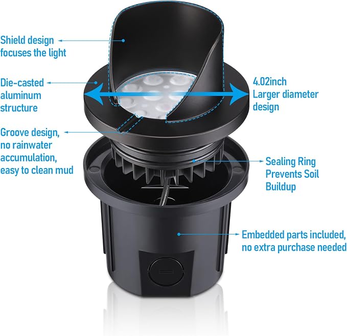 LEONLITE 6-Pack Dia.4 Inch 5CCT Well Lights Shielded Top Black | 1800K/2700K/3500K/4000K/5000K, 12-24V AC/DC, CRI90, Landscape LED In Ground Outdoor, Low Voltage Garden Landscaping, Aluminum