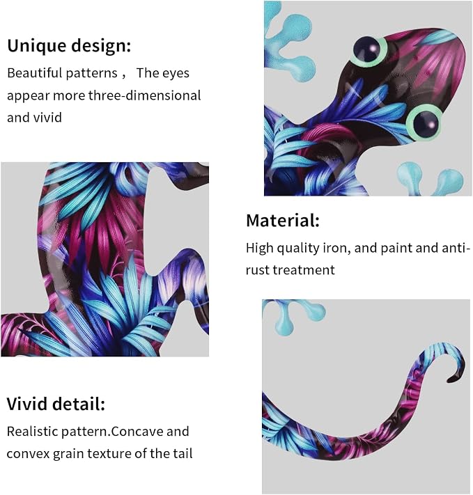 Junware 4 Pcs Metal Gecko Wall Art Outdoor Decor Metal Lizards Wall Decor Lizard 8.7 * 11.8 Inch Suitable for Hanging in Yard Garden Patio Fence Home, Idea Gifts for Mom Father Friends