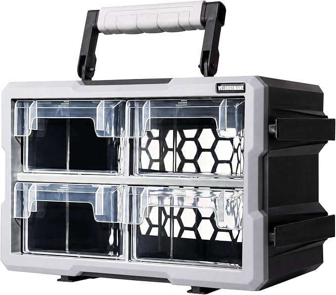 4 Drawer Modular Stackable Storage Organizer System with Clear Drawers, Removable Handle, Interlocking Frame, Wall Mount Garage Storage Solution