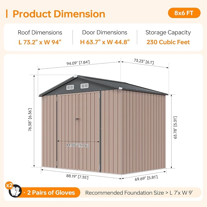 8x6FT Outdoor Storage Shed Brown | Metal Garden Tool Shed with Sloping Roof & Lockable Door for Garden, Patio, Backyard