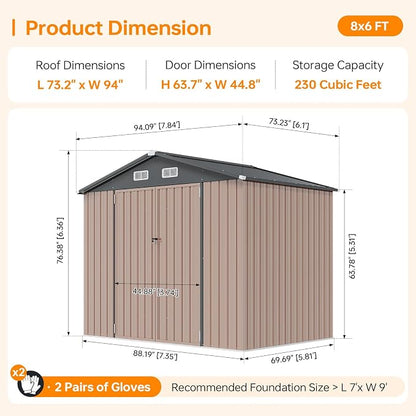 8x6FT Outdoor Storage Shed Brown | Metal Garden Tool Shed with Sloping Roof & Lockable Door for Garden, Patio, Backyard
