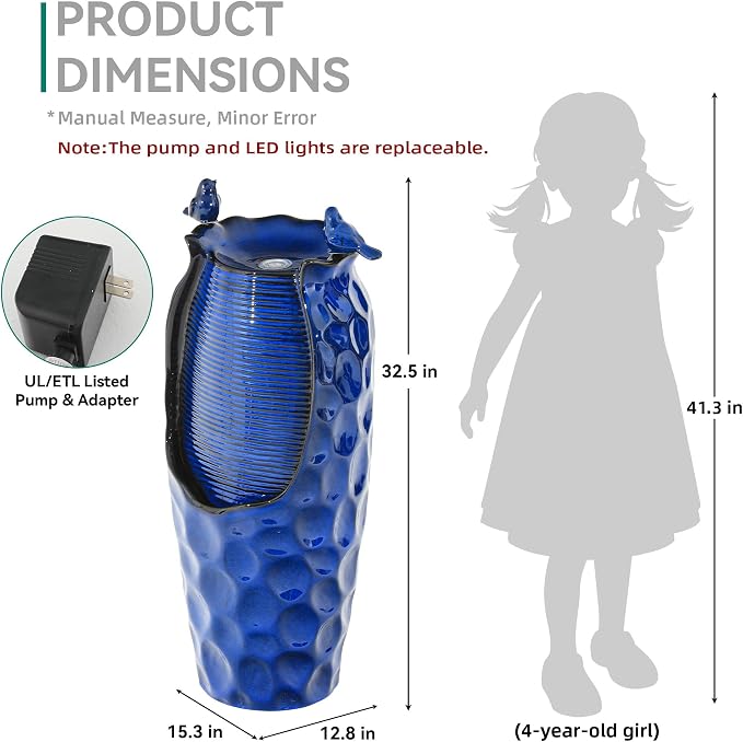 Autodaya 33" Vase Ceramic Outdoor Water Fountain with Lights and Birds | cobalt blue glazed water feature with textured design, ambient soothing cascading water flow for garden patio yard sanctuary