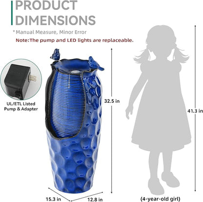 Autodaya 33" Vase Ceramic Outdoor Water Fountain with Lights and Birds | cobalt blue glazed water feature with textured design, ambient soothing cascading water flow for garden patio yard sanctuary