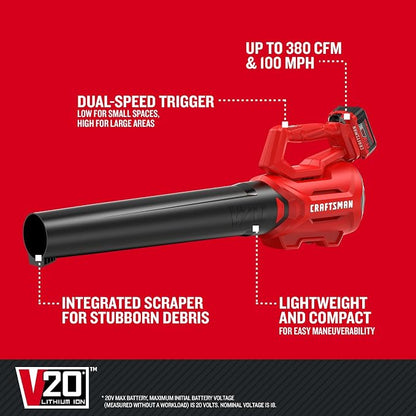 CRAFTSMAN V20 Cordless Axial Leaf Blower Kit, Includes 4.0 Ah Battery and Charger, 100 MPH and 380 CFM Clearing Power, Lightweight, 2 Speed Trigger (CMCBL700M1)