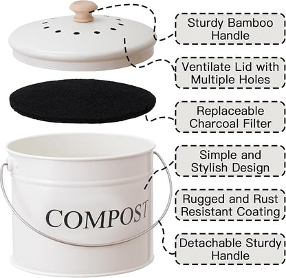 Compost Bin - 1 Gallon Countertop Composter with Lid, Charcoal Filters, Rust Proof Indoor Food Waste Bin