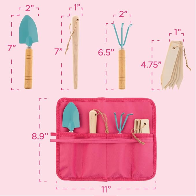 Stephen Joseph, Toddler Gardening Tool Set 5 PCS - Mini Shovel, Seed Dibbler, Mini Rake and Plant Markers with Roll Up Bag, Kids Gardening Tools, Best Outdoor Toys Gift for Boys and Girls, Fruit