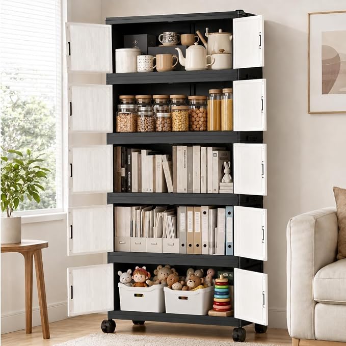 4 Tier Foldable Storage Cabinet with Wheels and Magnetic Doors, Premium PP Material Large Storage Organizer, Space-Saving Utility Storage for Home, Apartments, Dorm, Office, Rv
