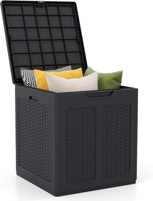 Tangkula 39 Gallon Outdoor Storage Box, Waterproof PP Resin Patio Storage Box with Lockable Lid for Indoor & Outdoor Use, Rattan Design Deck Box for Cushions, Garden Tools