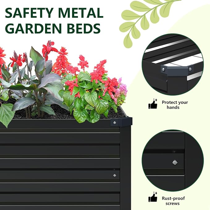Vengarus 2PCS 12x4x1ft Galvanized Raised Garden Beds Kit,Planter Box Black | Galvanized Steel, Rectangular Metal Planter Raised Beds, Vegetables, Herbs, Flowers, Easy Assembly, Rustproof Safe Backyard