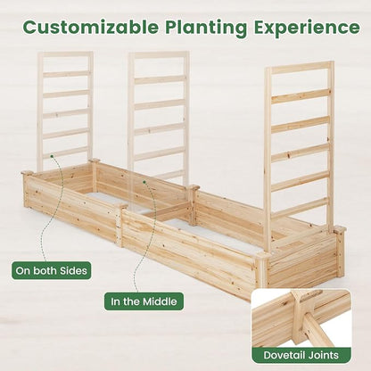 COSTWAY Raised Garden Bed with Trellis, Outdoor Wooden Planter Kit for Flowers, Herbs, Vegetables, Fruits & Climbing Vines, Elevated Garden Planter for Patio, 93" L x 25" W x 40" H