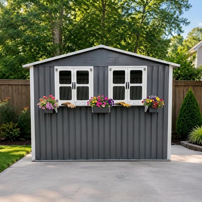 6x9 FT Outdoor Storage Shed with 2 Clear Openable Windows,Waterproof Metal Building Backyard Shed w/Windowsill & Garden Bed Flower Rack,Lockable Double Doors Tool Shed,Waterproof,for Yard,Gray