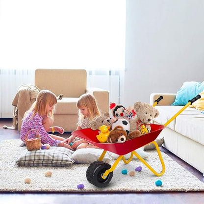 Costzon Kids Wheelbarrow, Metal Construction Toys Kart, Child Wheel Barrel w/Non-Slip Handle, Wearable Wheels, Yard Rover Steel Tray, Tote Dirt/Leaves/Tools in Garden for Toddlers (Red)