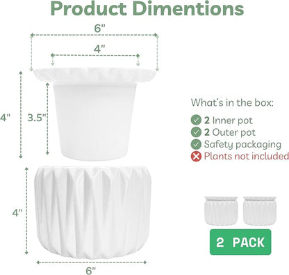 6 Inch African Violet Pots Self Watering, Ceramic Planter with Water Reservoir and Fill Lines, 4 Inch Opening, Indoor Flower Pot, Holds 3 Weeks of Water (2 Pack White)