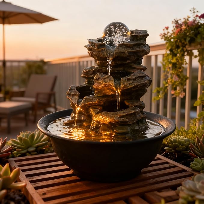 Tabletop Waterfall Fountain with Cascading Rock & Spining Orb, Indoor Zen Meditatin Waterfall for Home Office Relaxation