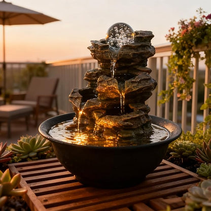 Tabletop Waterfall Fountain with Cascading Rock & Spining Orb, Indoor Zen Meditatin Waterfall for Home Office Relaxation