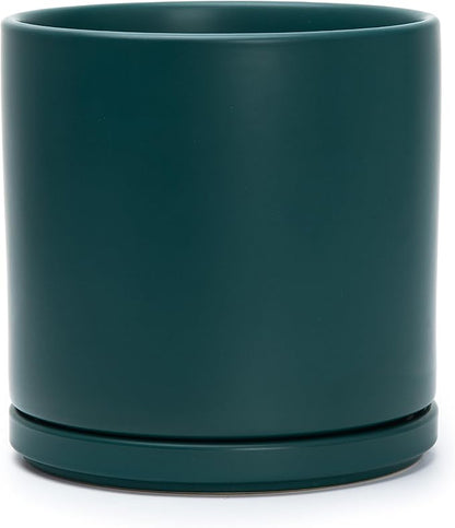 D'vine Dev 8 Inch Ceramic Planter Pot, Teal, 94-O-D-9 | Modern Cylinder Design, Drainage Hole & Saucer Included, Stable Structure, Elegant Home Accent