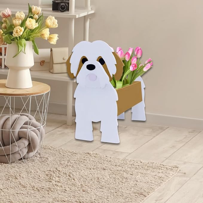 Brown Shih Tzu Dog Planter Pots, 9.45 x 8.98 x 13.5 Inches | Dog Flower Pot, Cute Animal Shaped Plant Pot, Gifts for Women & Pet Lovers, Indoor Outdoor Garden Home Office Decor