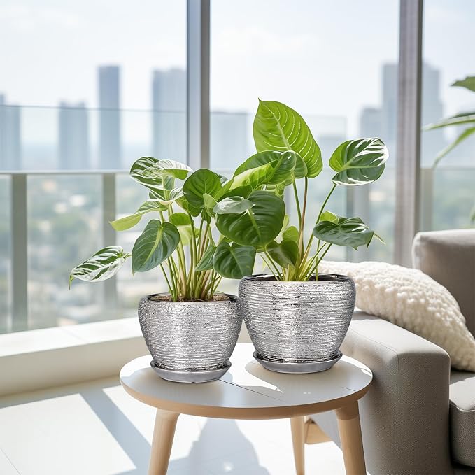 Ceramic Planters - 10 Inch 8 Inch 6 Inch Plant Pots Indoor with Drainage Holes and Saucer Mid-Century Large Planters Outdoor Flower Pots for Home Decor Set of 3 Silver