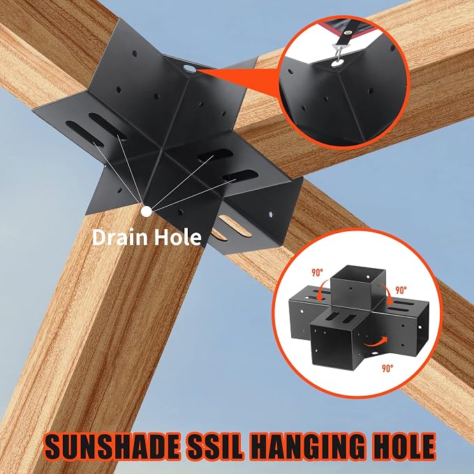 2 Pcs 4"x 4" Pergola Brackets(Actual Fit : 3.6“x3.6“) Post | 4-Way 90° Right Angle Corner Bracket|DIY Pergola Kit with Black Powder Support Gazebos|Patio PergolasCoated
