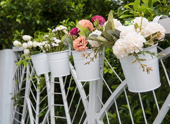 Dahey 10 Pcs Hanging Flower Pots Metal Iron Bucket Planter for Railing Fence Balcony Garden Home Decoration Flower Holders with Detachable Hooks, White, 4 Inches