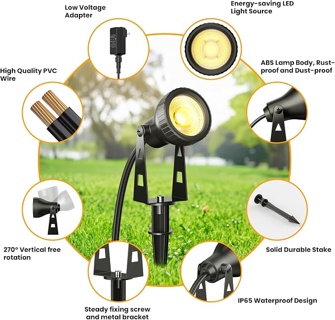 Zuske Outdoor Landscape Lighting, 6-Pack Outdoor Spot Lights with Transformer, Plug in LED Spot Lights for Garden, Yard, Backyard, Plants, Lawn, Trees, House, Flags, IP65 Waterproof – Warm White