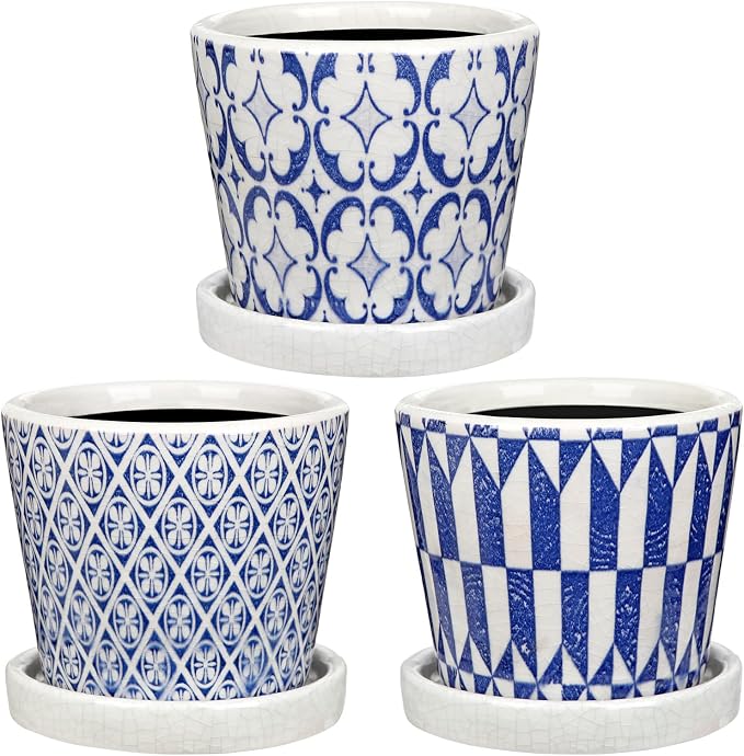 Small Ceramic Pots for Plants, 4.7 inch Blue and White Plant Pot Indoor with Drainage & Saucer Set of 3 Ceramic Planters for Indoor Plants Succulent Pot Decorative Flower Pots for Cactus, Orchid, Herb