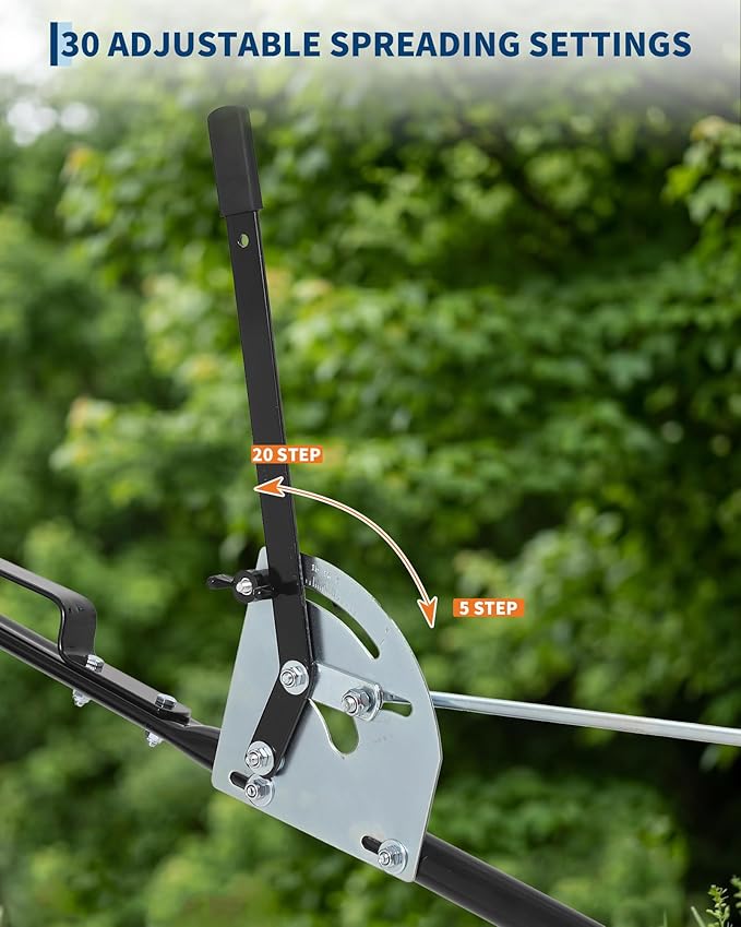 Tow Behind Broadcast Spreader, 125 LBS Large Capacity Universal Hook Tow & Push Lawn Spreader, 9.8 ft Spreading Width 30 Adjustable Settings, Compatible with UTV ATV Riding Mower & Most Tractors