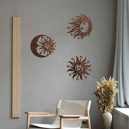 Limygus Set of 3 Rust Colored Sun Moon Metal Wall Art, Rust Proof Indoor Outdoor Farmhouse Patio Bedroom Decor