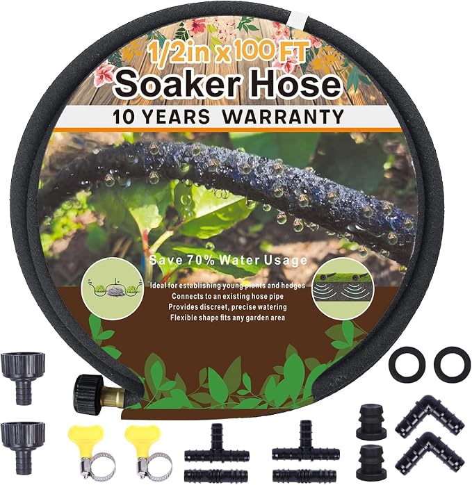 1/2’’ Soaker Hose 100 ft for Garden Beds, Heavy Duty Soaker Hoses with Kits for Water Saving, Rubber Garden Watering Hose 100 Foot Drip Irrigation Hose System (100 feet)